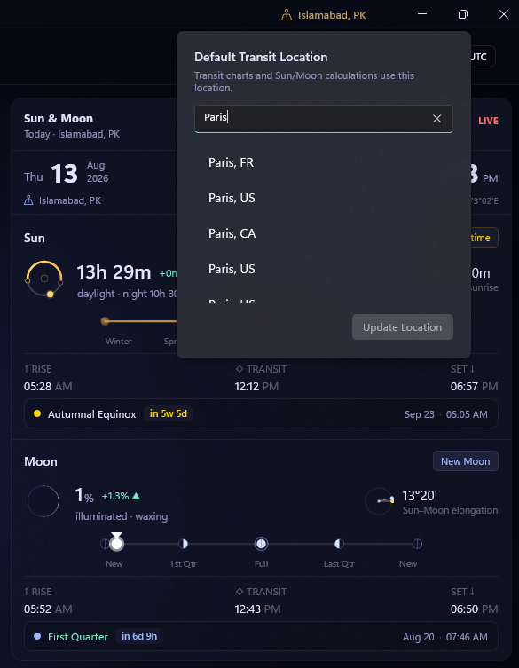 Default Transit Location flyout open with a city search box and result list
