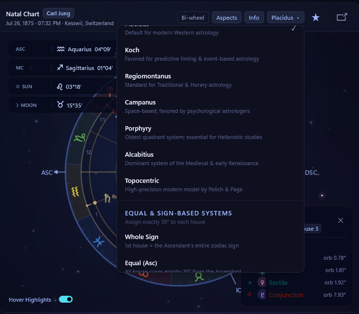 AstroWatch chart toolbar with the House System menu open, showing the full list of systems