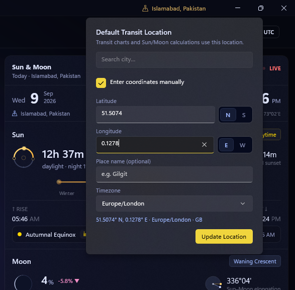 Default Transit Location flyout with Enter coordinates manually ticked, showing the Latitude/Longitude fields with N/S and E/W toggles, Place name, Timezone, and the resolved coordinates line above Update Location