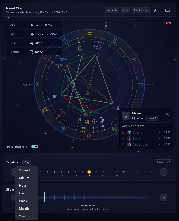 AstroWatch Timeline card with the unit menu open, listing Second through Year