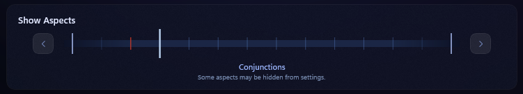 AstroWatch Show Aspects stepper cropped close, showing the current mode label Conjunctions