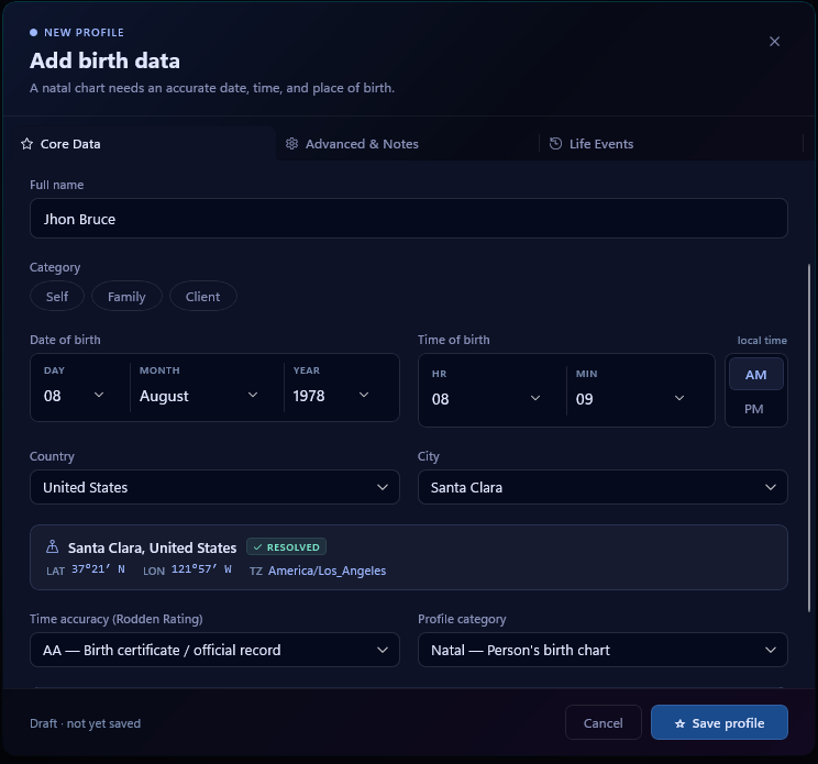AstroWatch Add birth data dialog filled in, with name, category, date and time of birth, country, city, resolved location, time accuracy and Save profile