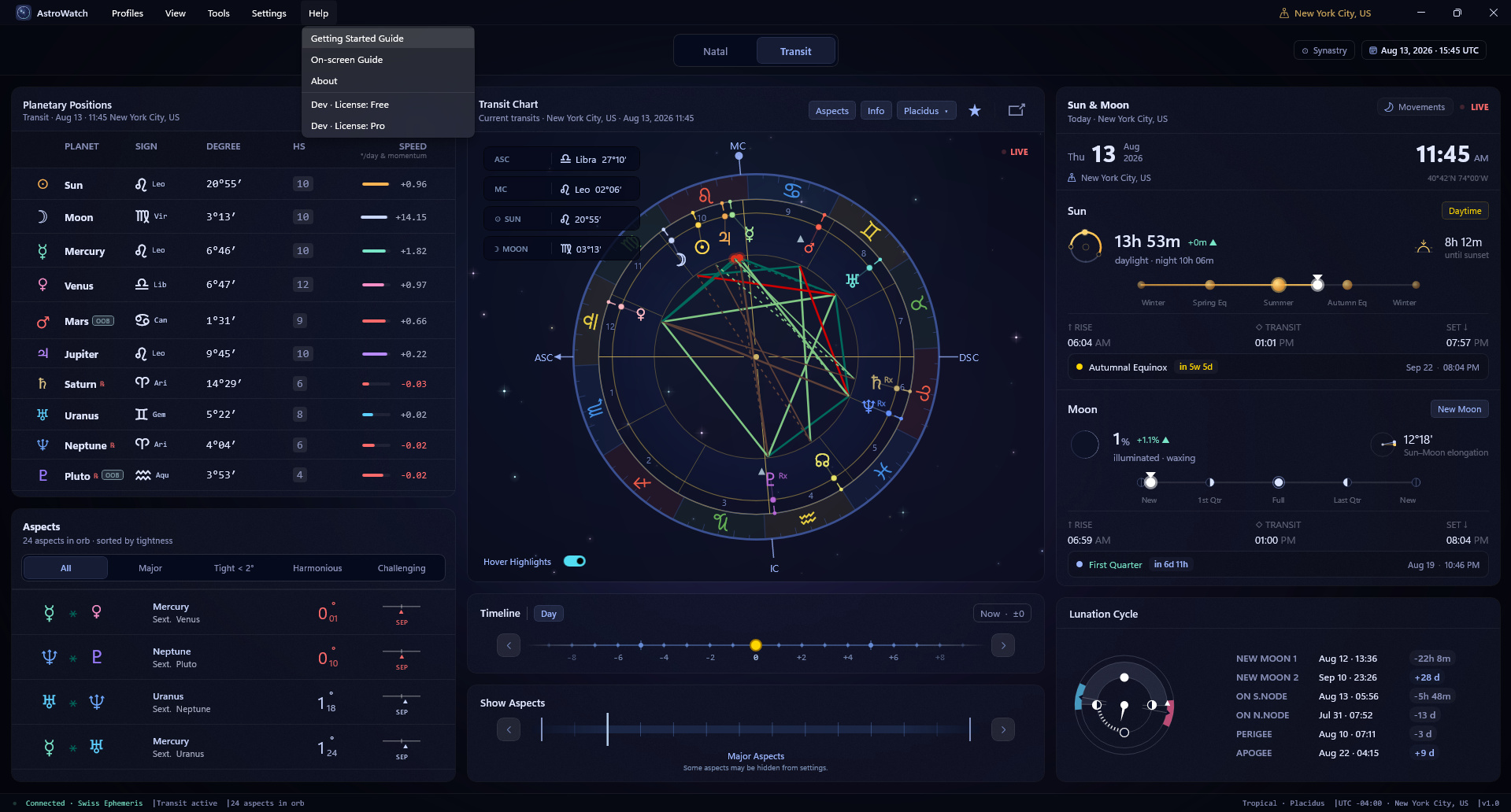 AstroWatch Help menu open, showing the Getting Started Guide and On-screen Guide items