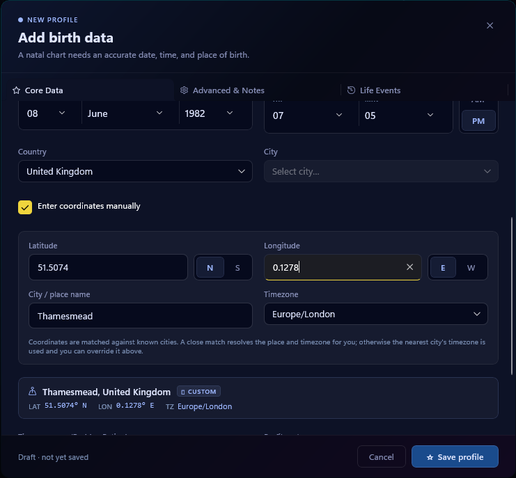 New/Edit Profile dialog with Enter coordinates manually ticked, showing the Latitude/Longitude fields with N/S and E/W toggles, City/place name, Timezone, and the resolved CUSTOM badge for Thamesmead, United Kingdom
