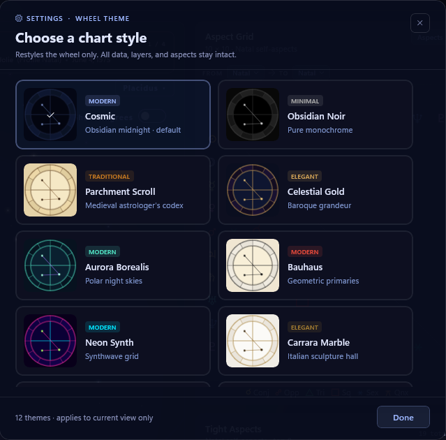 The Choose a chart style flyout open, a grid of twelve theme cards including Cosmic, Obsidian Noir, Parchment Scroll, Celestial Gold, Aurora Borealis, Bauhaus, Neon Synth and Carrara Marble, Cosmic marked as the current default.