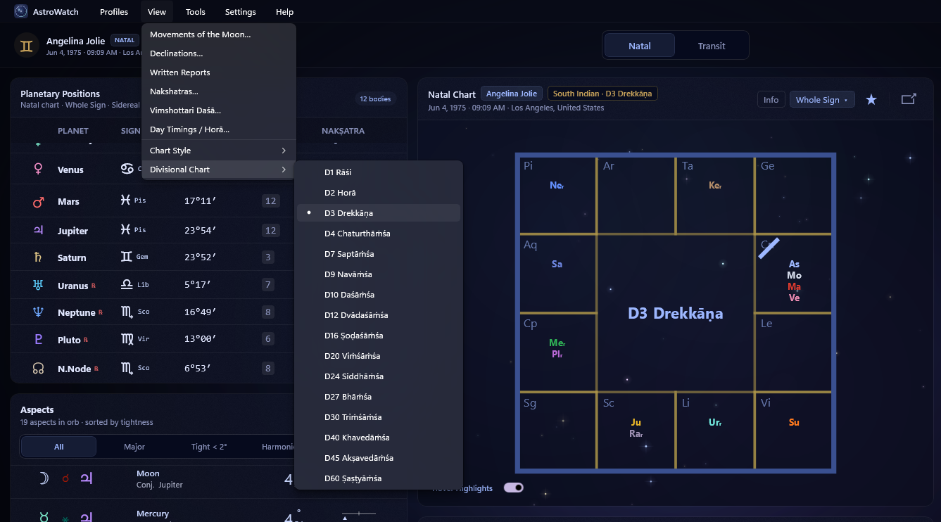 The View → Divisional Chart submenu open, listing all sixteen Shodaśavarga divisions from D1 Rāśi to D60 Ṣaṣṭyāṁśa, with D3 Drekkāṇa checked.