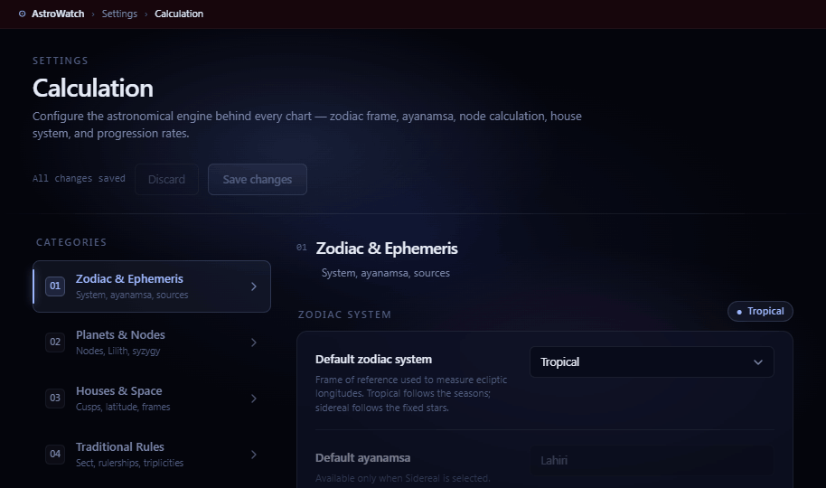 AstroWatch calculation settings for zodiac, ayanamsa, houses and progression rates